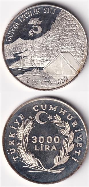 Madeni Hatıra Paralar1982 3.000 Lira Dünya İzcilik Yılı (Gümüş) Hatıra Parası