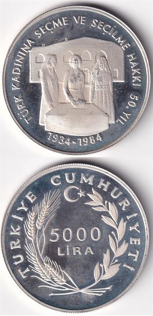 Madeni Hatıra Paralar1984 5.000 Lira Türk Kadınına Seçme ve Seçilme Hakkı 50. Yıl (Gümüş) Hatıra Parası