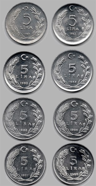 Türkiye Cumhuriyeti Madeni ParalarEski Madeni Para Koleksiyonu 5 Lira (1981-1988) Seti