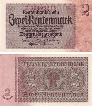 Yabancı Devletlerin Kağıt ParalarıAlmanya, 2 Rentenmark (1937) P#174 ÇİL Eski Yabancı Kağıt Para
