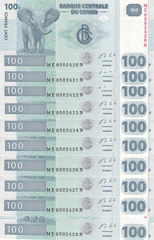 Yabancı Devletlerin Kağıt ParalarıDemokratik Kongo Cumhuriyeti, 100 Frank (2013) P#98 10 Adet ÇİL Seri Takipli