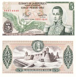 Yabancı Devletlerin Kağıt ParalarıKolombiya, 5 Peso (1961-81) ÇİL Eski Yabancı Kağıt Para