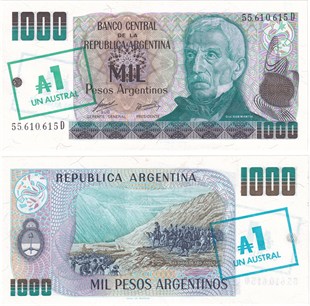 Yabancı Kağıt ParalarArjantin, 1.000 Peso üzeri 1 Austral Sürşarjlı (1985) P#320 ÇİL Eski Yabancı Kağıt Para