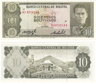 Yabancı Kağıt ParalarBolivya, 10 Bolivianos (1962) ÇİL Eski Yabancı Kağıt Para