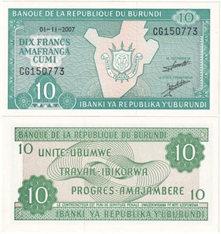 Yabancı Kağıt ParalarBurundi, 10 Frank (2007) P#33 ÇİL Eski Yabancı Kağıt Para