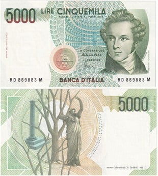 Yabancı Kağıt Paralarİtalya, 5.000 Lire (1985) ÇİL Eski Yabancı Kağıt Para