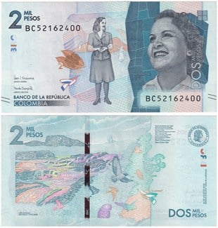 Yabancı Kağıt ParalarKolombiya, 2.000 Peso (2018) P#458 ÇİL Eski Yabancı Kağıt Para
