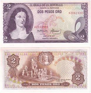 Yabancı Kağıt ParalarKolombiya, 2 Peso (1977) P#413 ÇİL Eski Yabancı Kağıt Para
