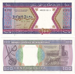 Yabancı Kağıt ParalarMoritanya, 100 Ugiya (2002) ÇİL Eski Yabancı Kağıt Para