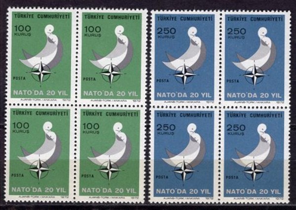 1972, 20th anniversary of Turkey's joining NATO, Block of Four Stamps