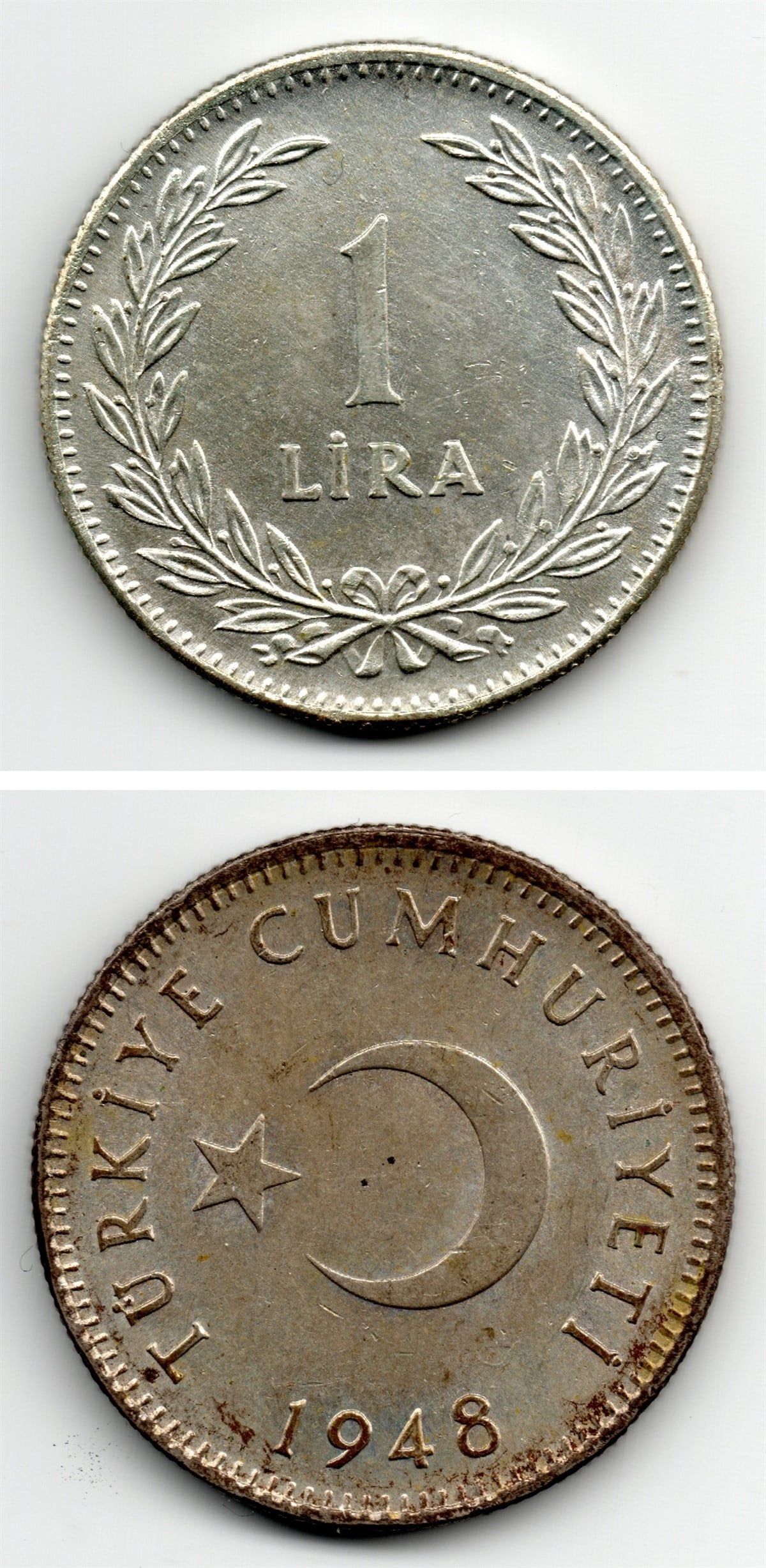 1934-1957 Dönemi Madeni Paraları1 Lira (1948) Gümüş (600 Ayar) ÇİL Eski Madeni Para