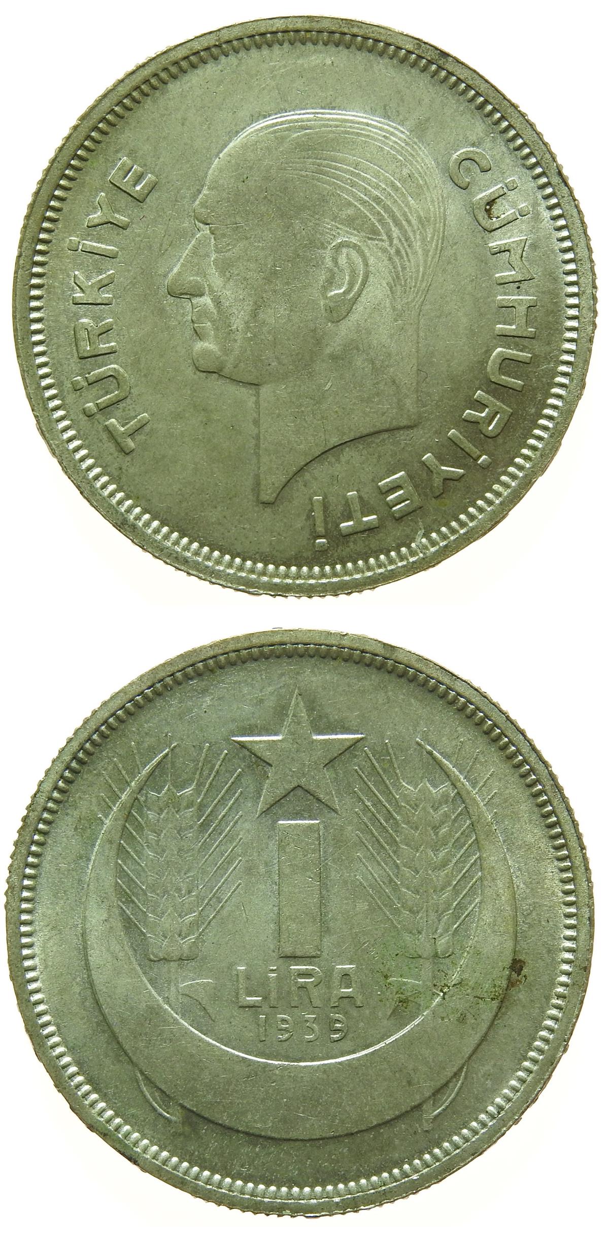 1934-1957 Dönemi Madeni Paraları1 Lira (1939) Gümüş ÇİL Eski Madeni Para