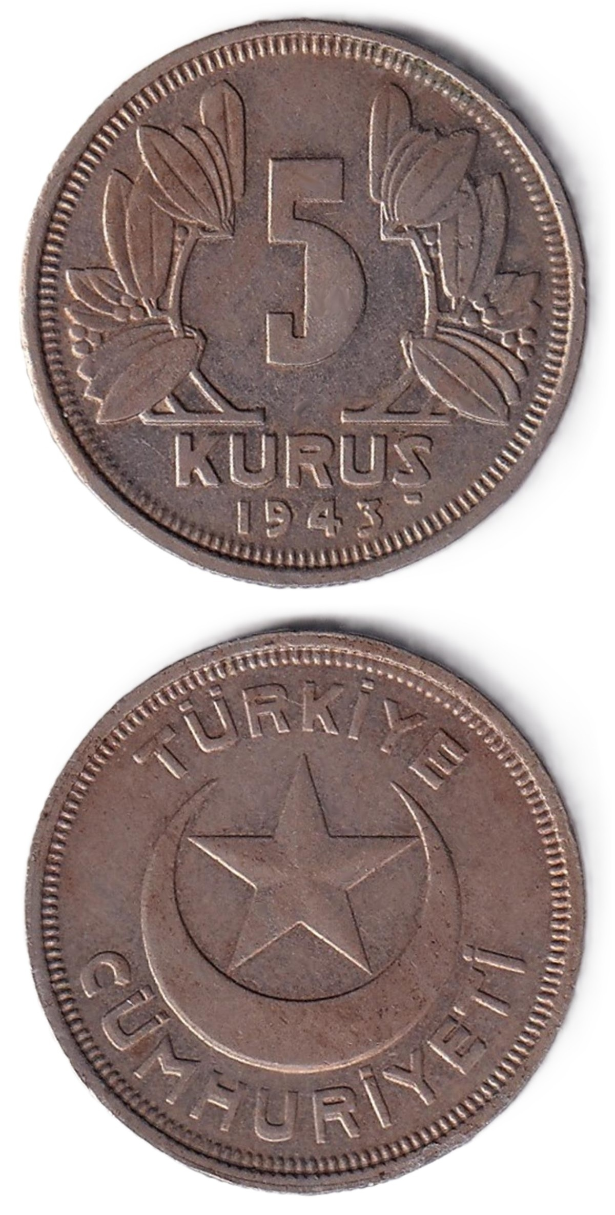 1934-1957 Dönemi Madeni Paraları5 Kuruş (1943) Nikel ÇİL Eski Madeni Para