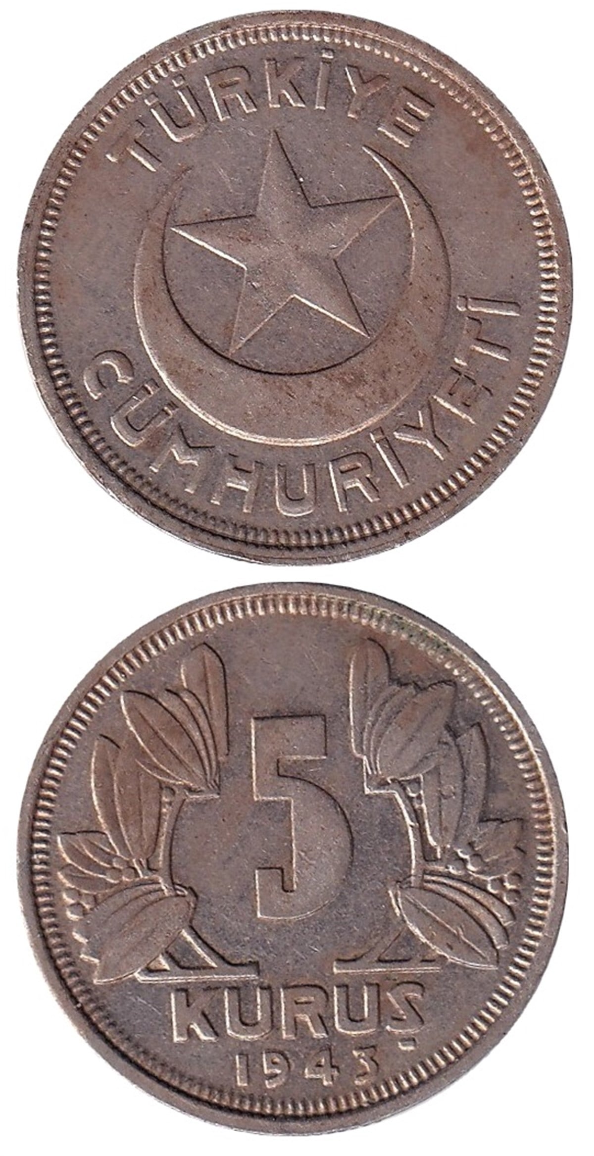 1934-1957 Dönemi Madeni Paraları5 Kuruş (1943) Nikel ÇT/ÇÇT Eski Madeni Para