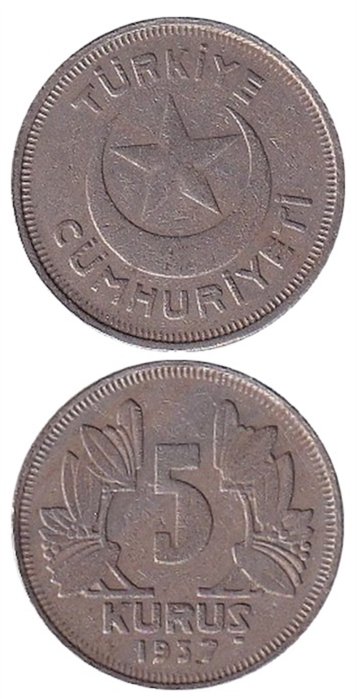 5 Kuruş (1937) Nikel ÇT/ÇÇT Eski Madeni Para | benimkoleksiyonum.com