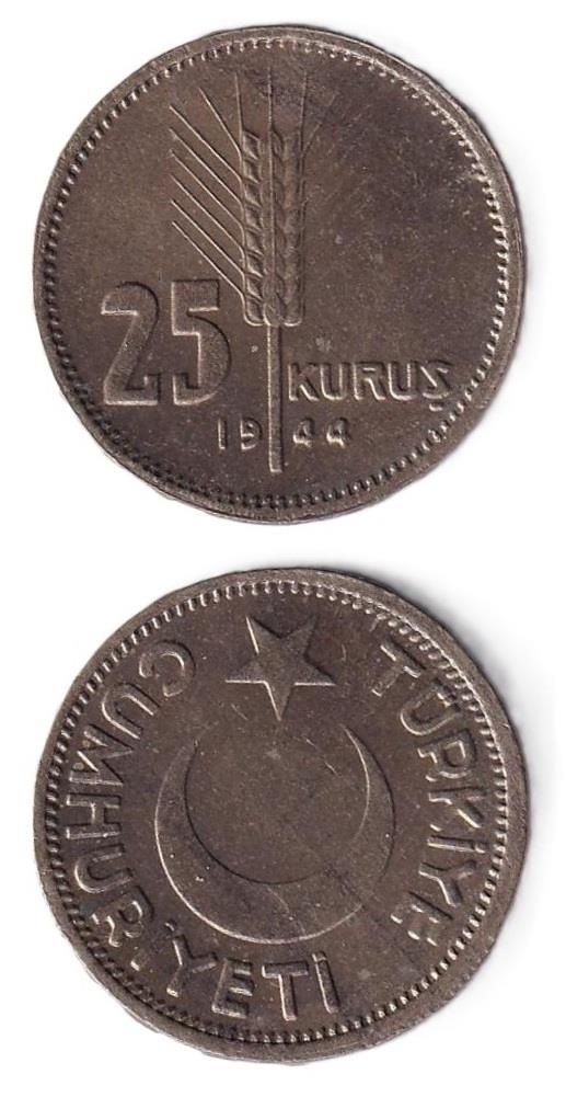 1934-1957 Period CoinsTürkiye, 25 Kuruş (1944) ÇİL Eski Madeni Para