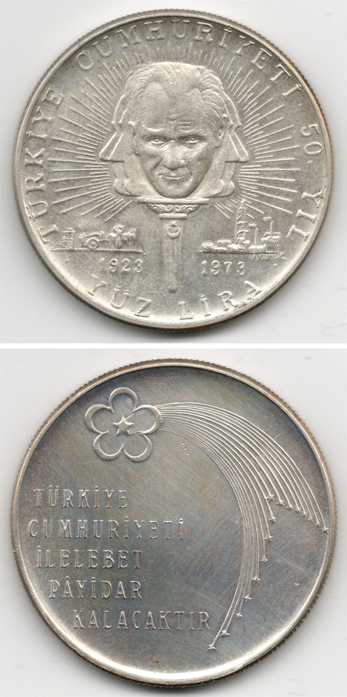1958-1980 Dönemi Madeni Paraları100 Lira (1973) Türkiye Cumhuriyeti 50. Yıl ÇİL Gümüş Hatıra Para