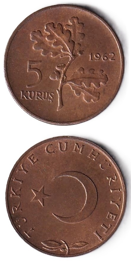 1958-1980 Dönemi Madeni Paraları5 Kuruş (1962) ÇİL