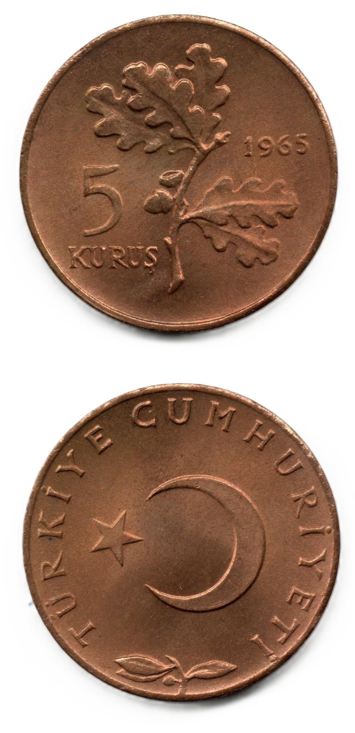 1958-1980 Period CoinsTürkiye, 5 Kuruş (1965) ÇİL Eski Madeni Para