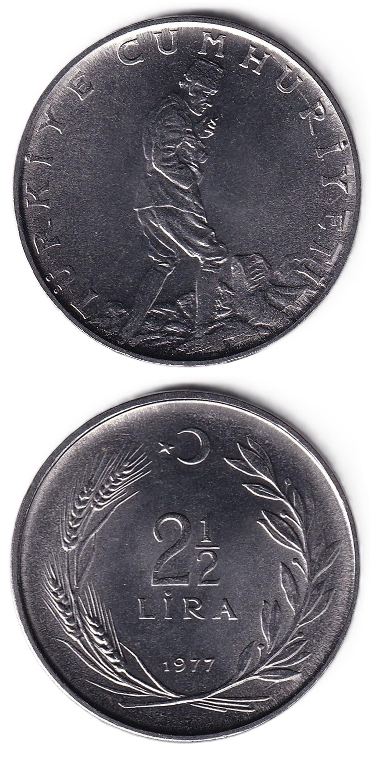 1958-1980 Dönemi Madeni ParalarıTürkiye, 2 1/2 Lira (1977) ÇİL Eski Madeni Para