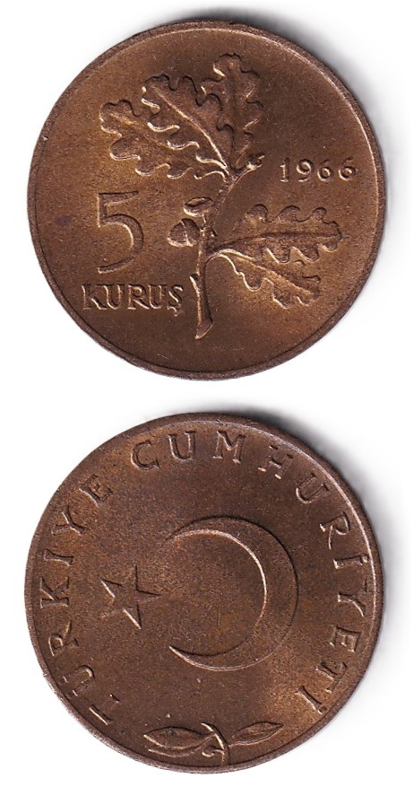 1958-1980 Dönemi Madeni ParalarıTürkiye, 5 Kuruş (1966) ÇİL Eski Madeni Para
