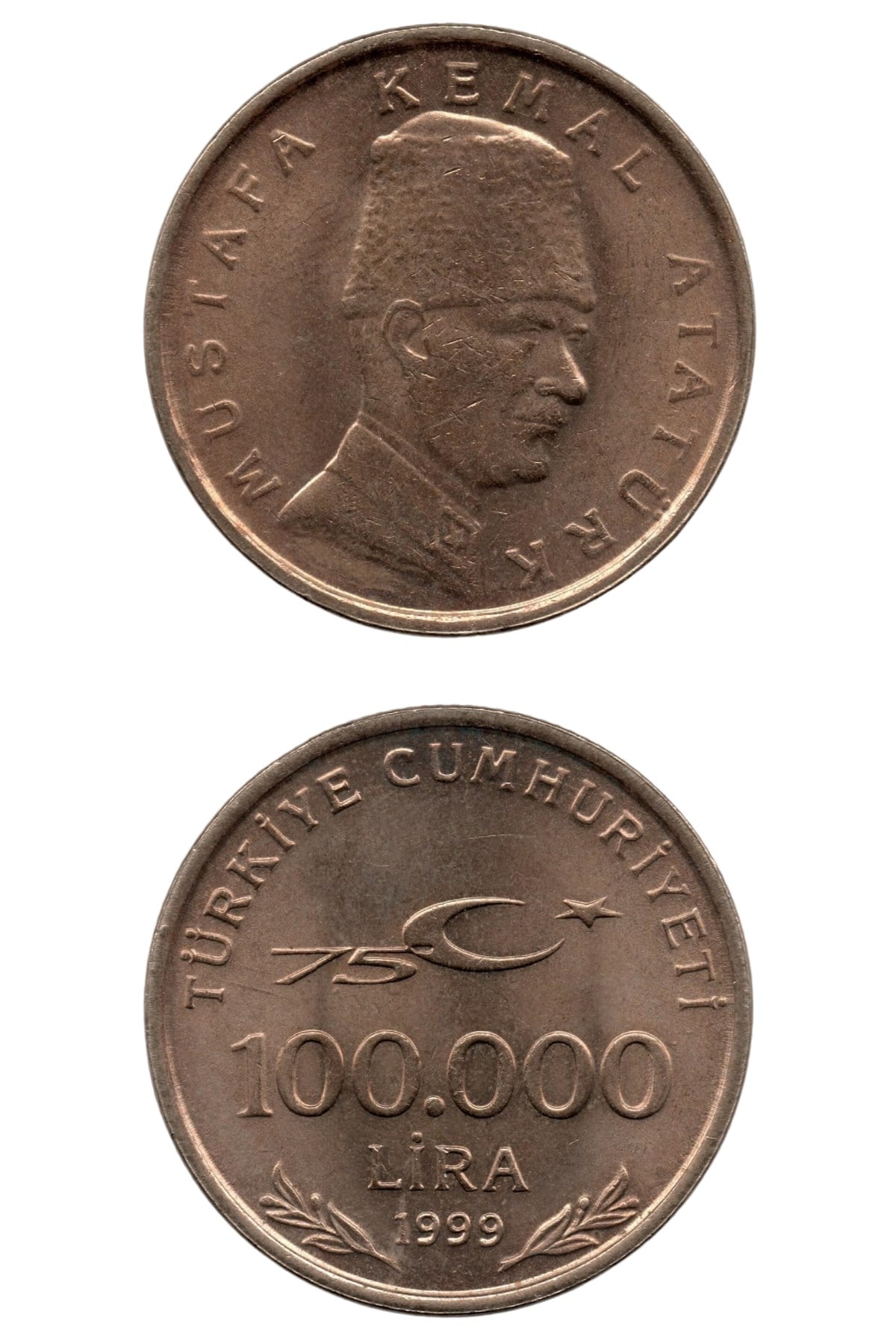 1981-2004 Dönemi Madeni Paraları100.000 Lira (1999) 75. Yıl ÇİL Eski Madeni Para