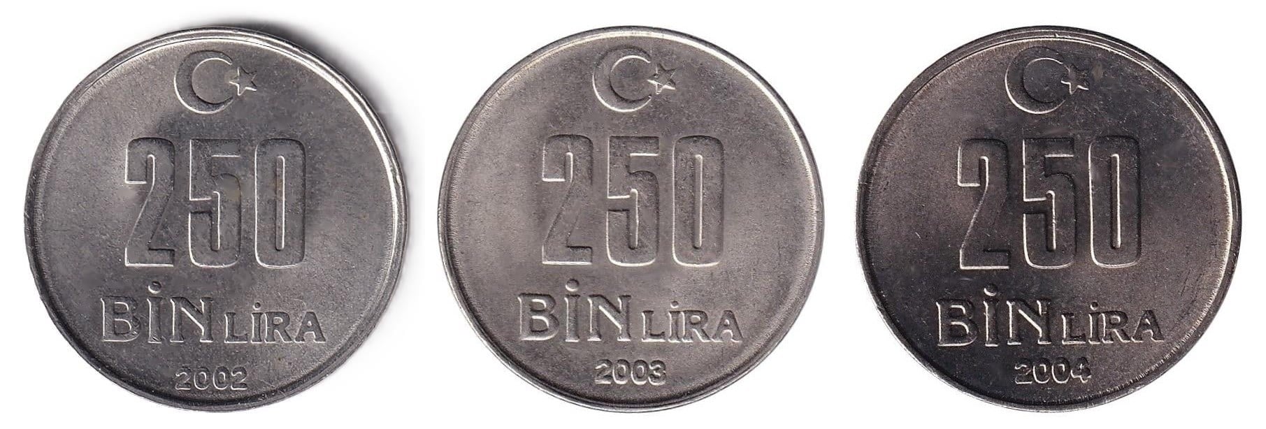1981-2004 Period Coins250.000 Lira (2002-2004) Tam Takım ÇİL Eski Madeni Para Seti