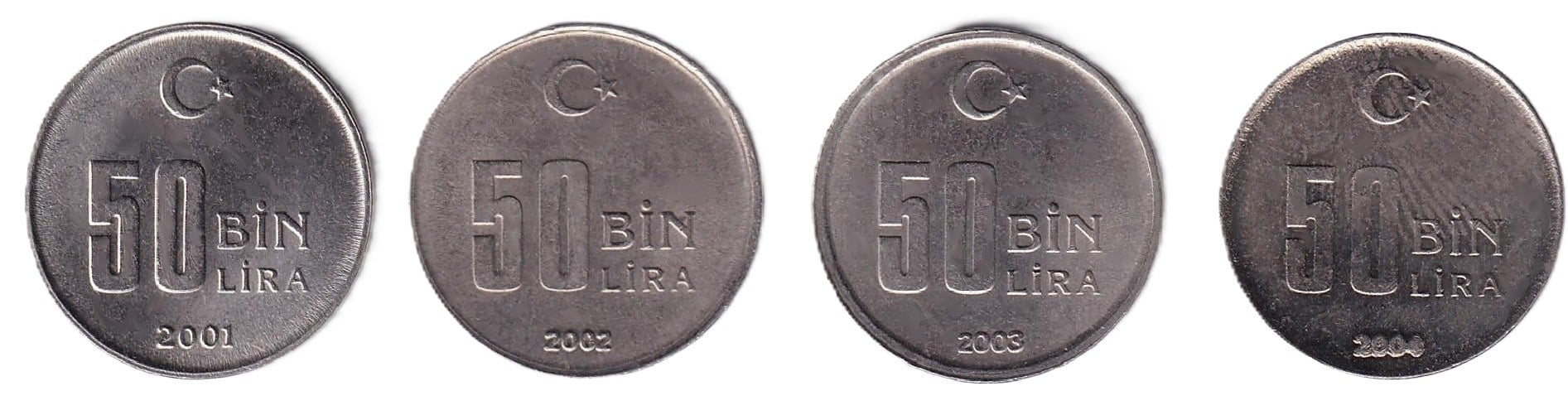 1981-2004 Period Coins50.000 Lira (2001-2004) Tam Takım ÇİL Eski Madeni Para Seti