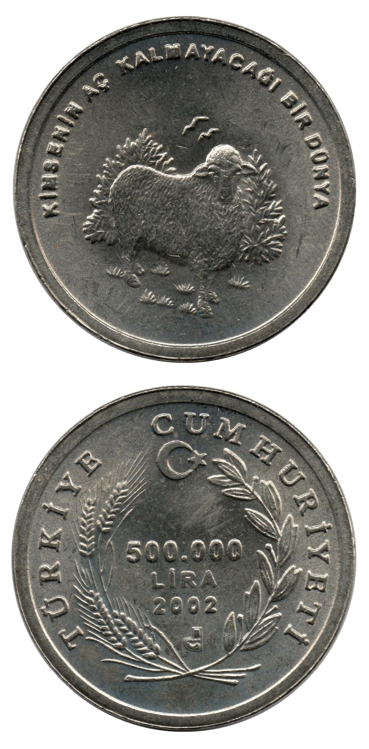 1981-2004 Dönemi Madeni ParalarıF.A.O. 500.000 Lira (2002) “Kimsenin Aç Kalmayacağı Bir Dünya” ÇİL Eski Madeni Para