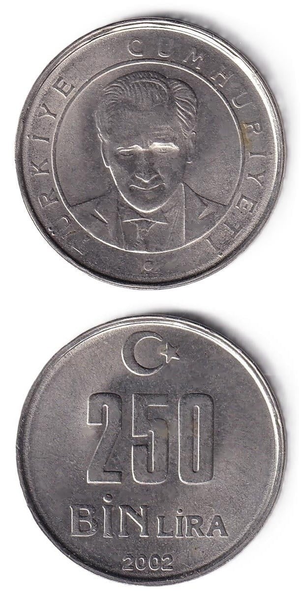 1981-2004 Dönemi Madeni ParalarıTürkiye, 250.000 Lira (2002) ÇİL Eski Madeni Para