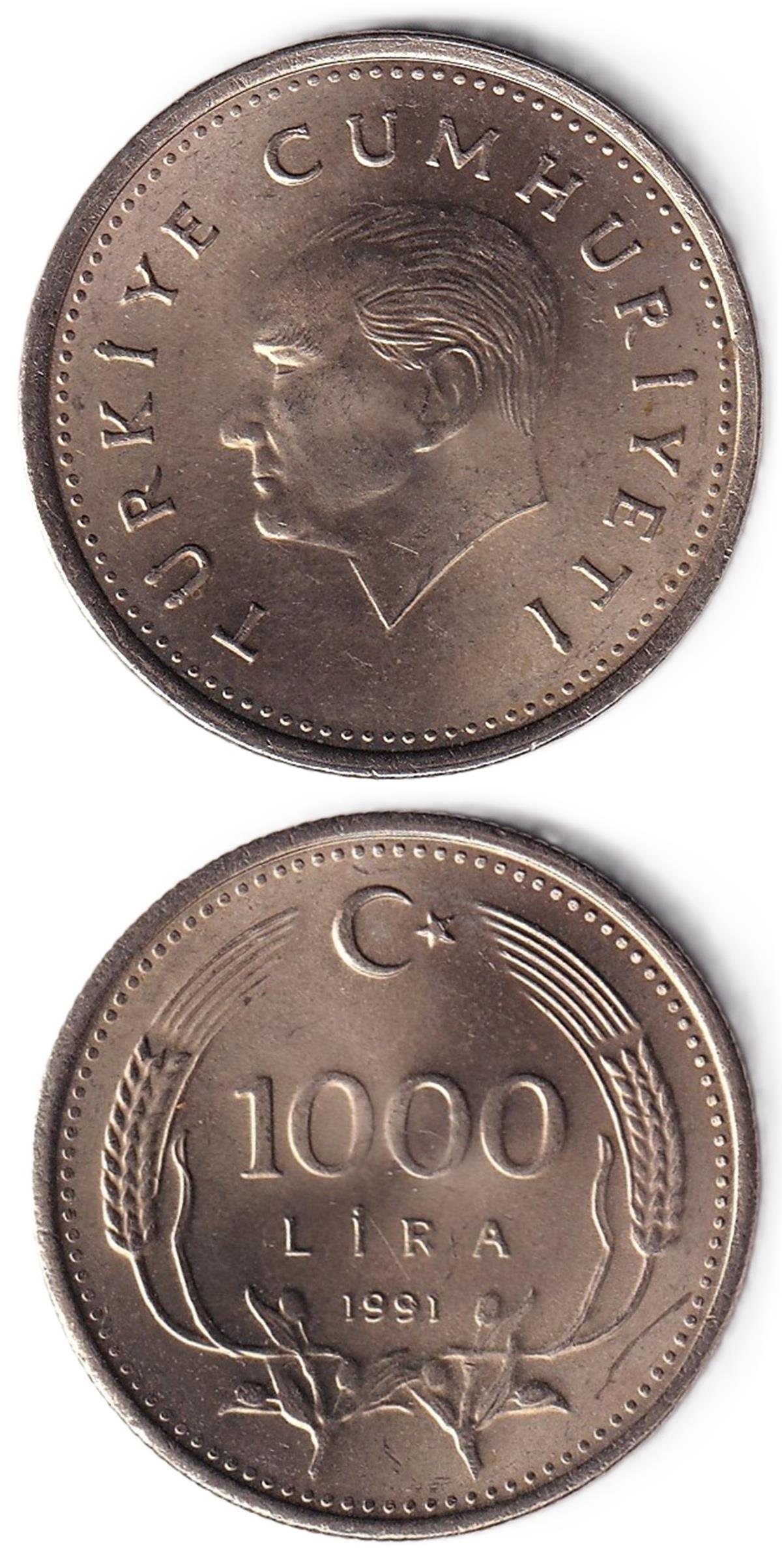 1981-2004 Dönemi Madeni ParalarıTürkiye, 1.000 Lira (1991) ÇİL Eski Madeni Para