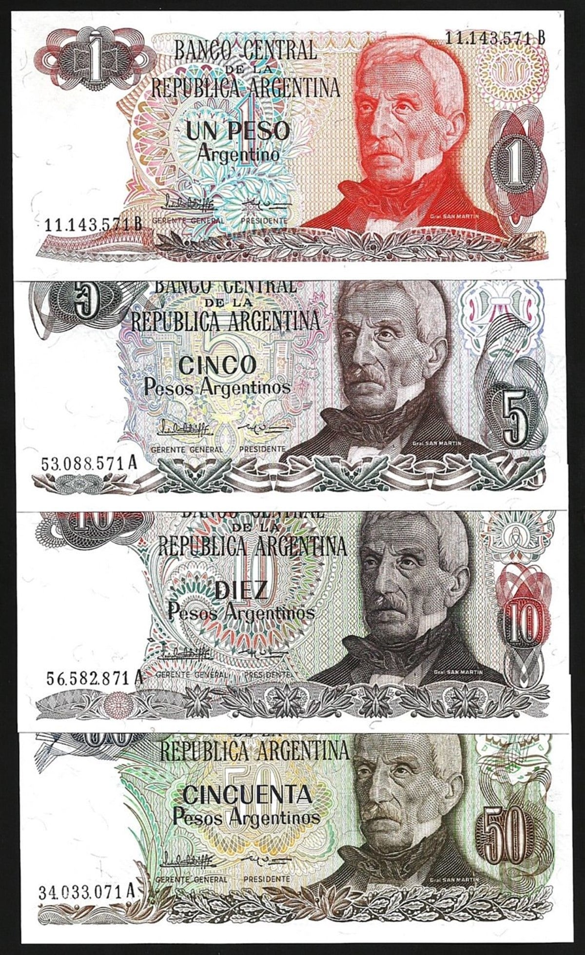 Arjantin Eski Kağıt Para Seti (1-5-10-50 Peso, 1983-1985)