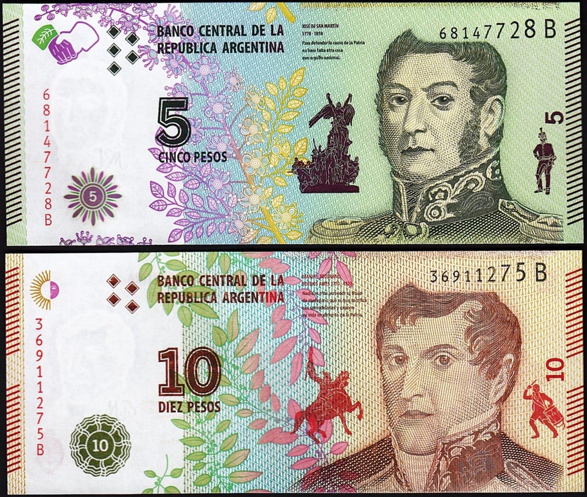 Argentina Old Banknote Set (5-10 Pesos, 2015-2017)