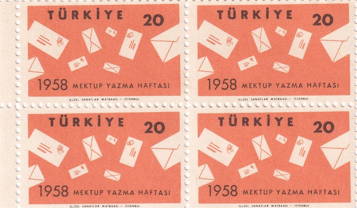 Damgasız Tüm Seri Pul Koleksiyonu1958 Mektup Yazma Haftası Dörtlü Blok Pul