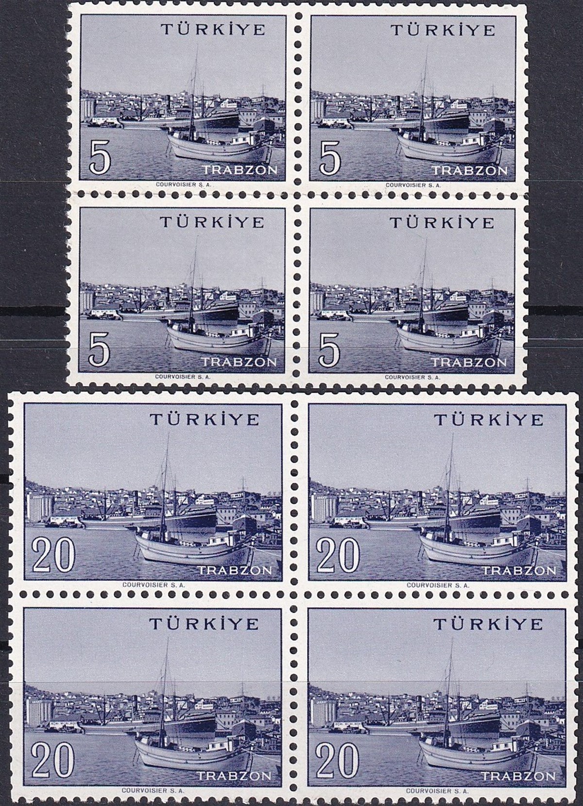 Damgasız Tüm Seri Pul Koleksiyonu1958/1960 Memleket Serisi Şehir Pulu: Trabzon Dörtlü Blok Pul
