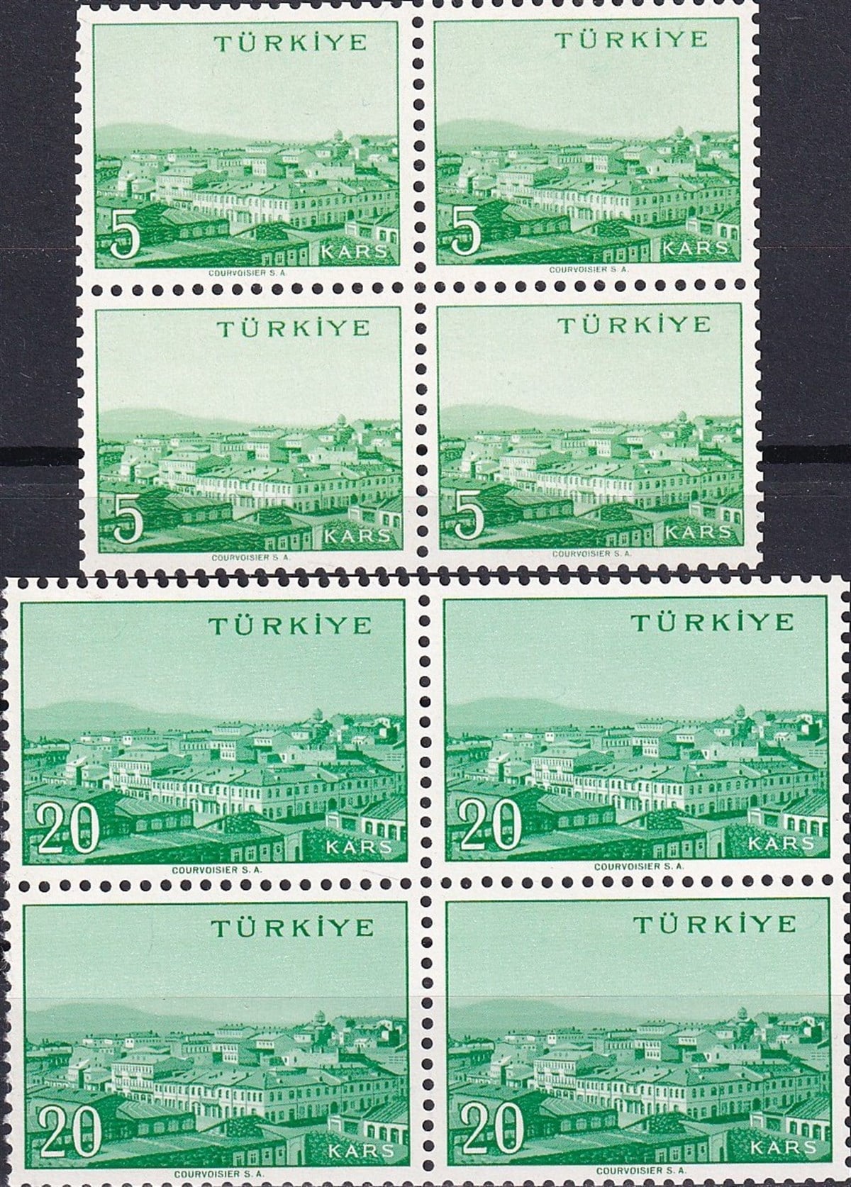 Damgasız Tüm Seri Pul Koleksiyonu1958/1960 Memleket Serisi Şehir Pulu: Kars Dörtlü Blok Pul