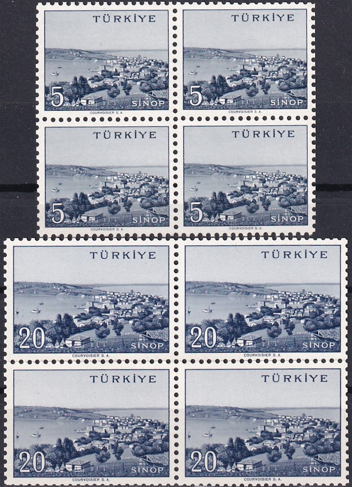 Damgasız Tüm Seri Pul Koleksiyonu1958/1960 Memleket Serisi Şehir Pulu: Sinop Dörtlü Blok Pul