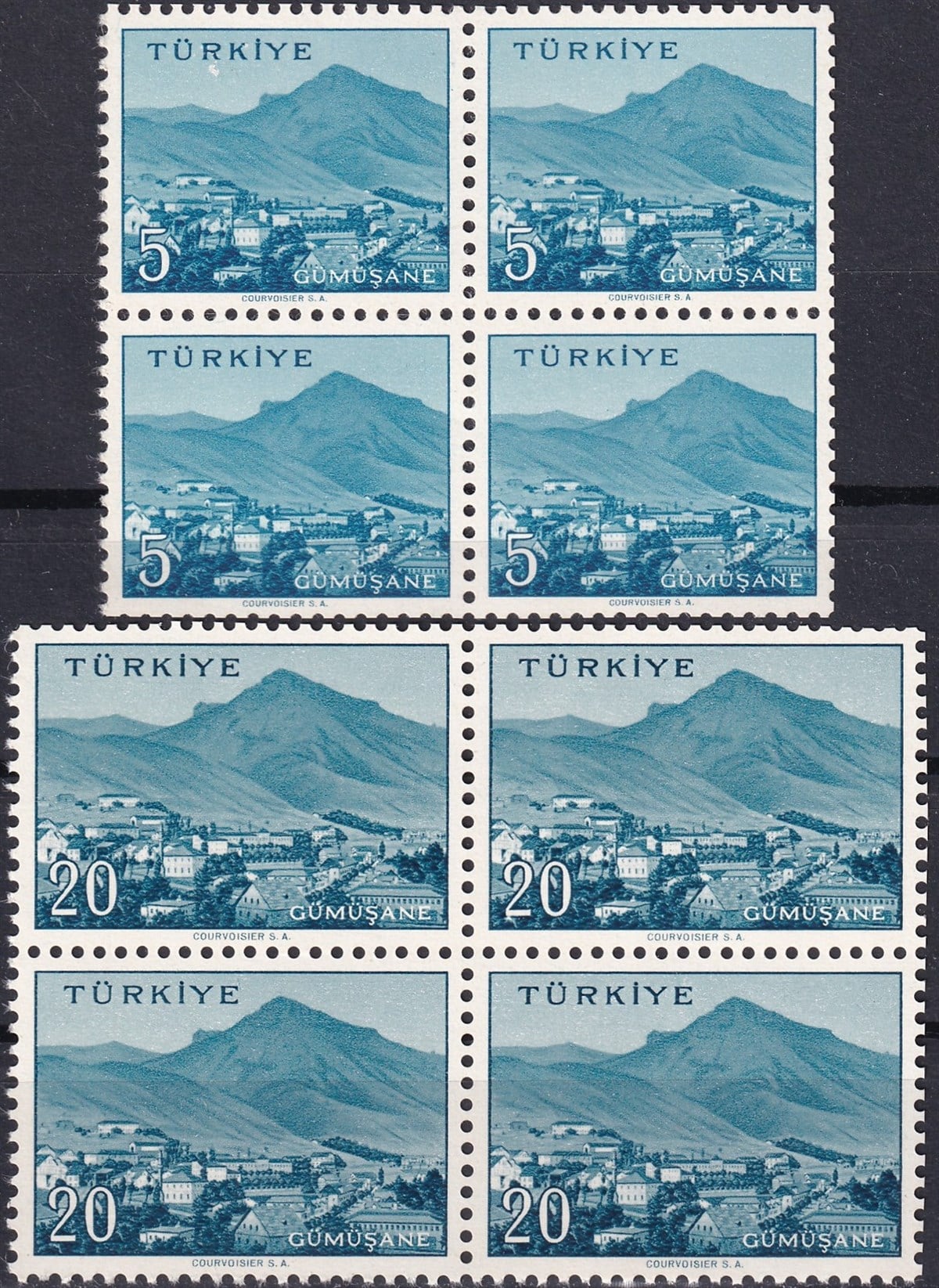 Damgasız Tüm Seri Pul Koleksiyonu1958/1960 Memleket Serisi Şehir Pulu: Gümüşhane Dörtlü Blok Pul