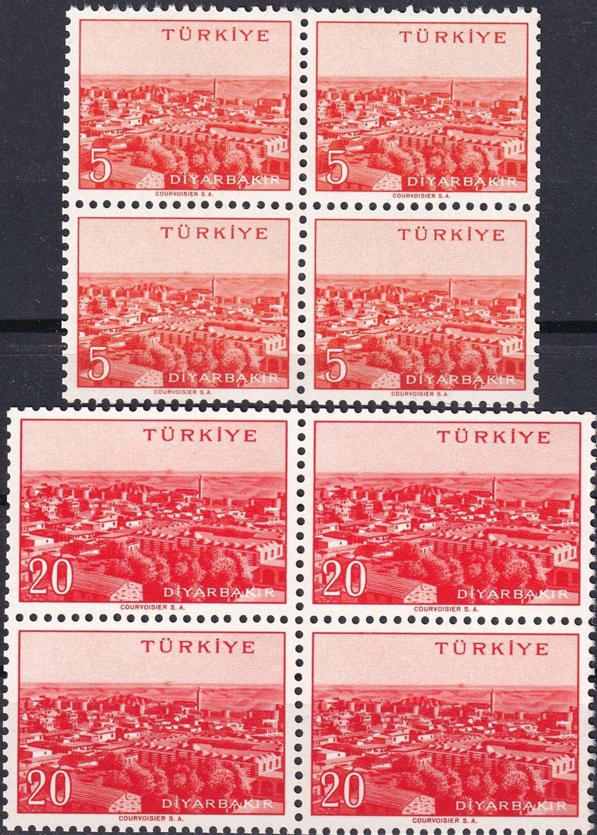Damgasız Tüm Seri Pul Koleksiyonu1958/1960 Memleket Serisi Şehir Pulu: Diyarbakır Dörtlü Blok Pul
