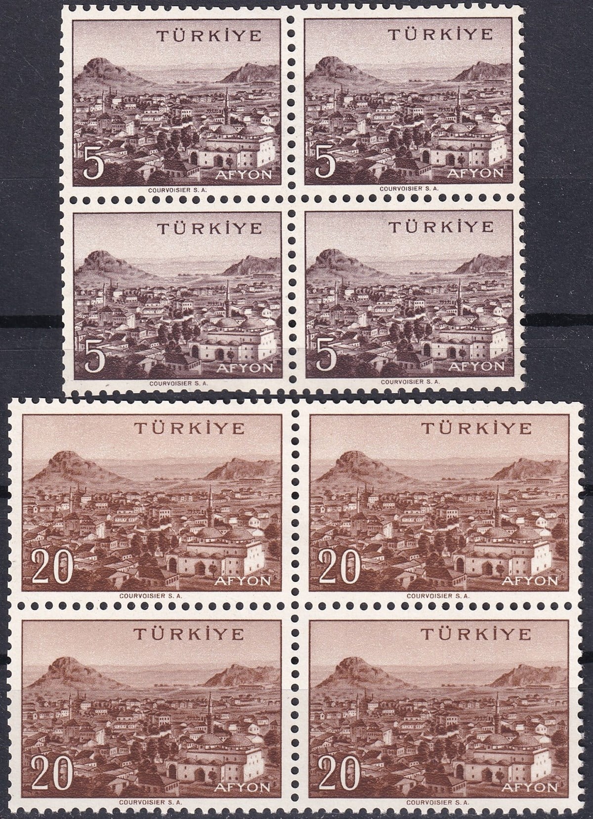 Damgasız Tüm Seri Pul Koleksiyonu1958/1960 Memleket Serisi Şehir Pulu: Afyon Dörtlü Blok Pul
