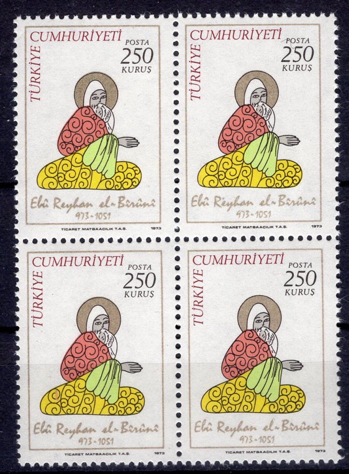 Untagged All Series Stamp CollectionsEL-BİRUNİ( EBU REYHAN MUHAMMED BİN AHMED EL BİRUNİ EL HAREZMİ)'NİN DOĞUMUNUN 1000.YILI Dörtlü Blok Pul