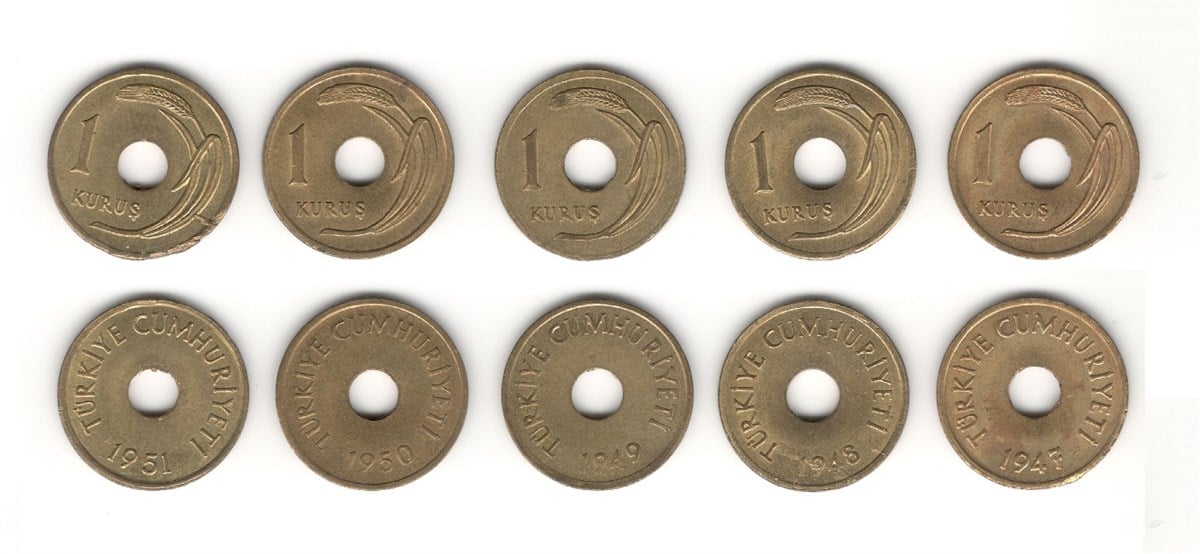 Eski Madeni Para Koleksiyonu 1 Kuruş (1947-48-49-50-51) Seti