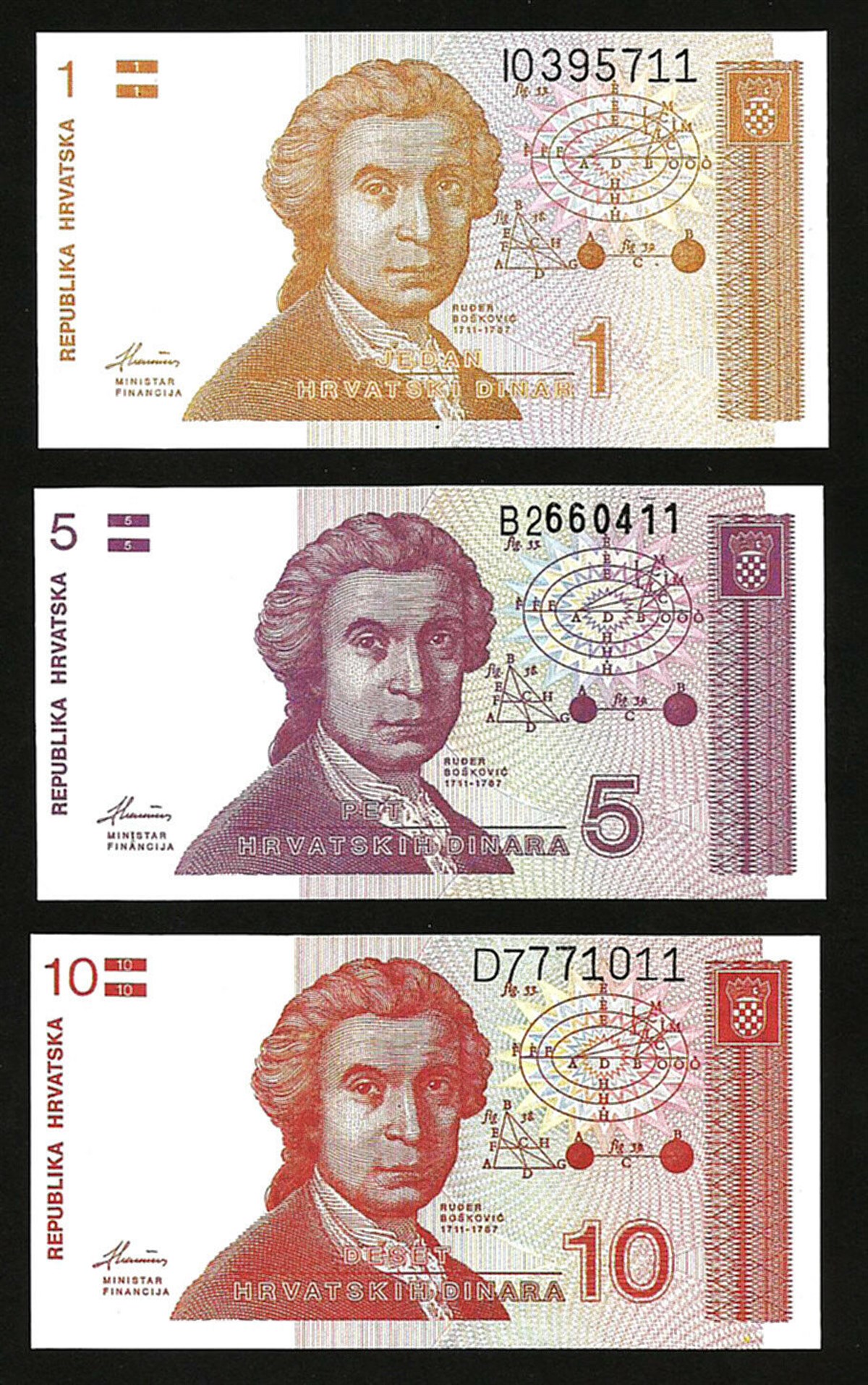 Hırvatistan Eski Kağıt Para Seti (1-5-10 Dinar, 1991)