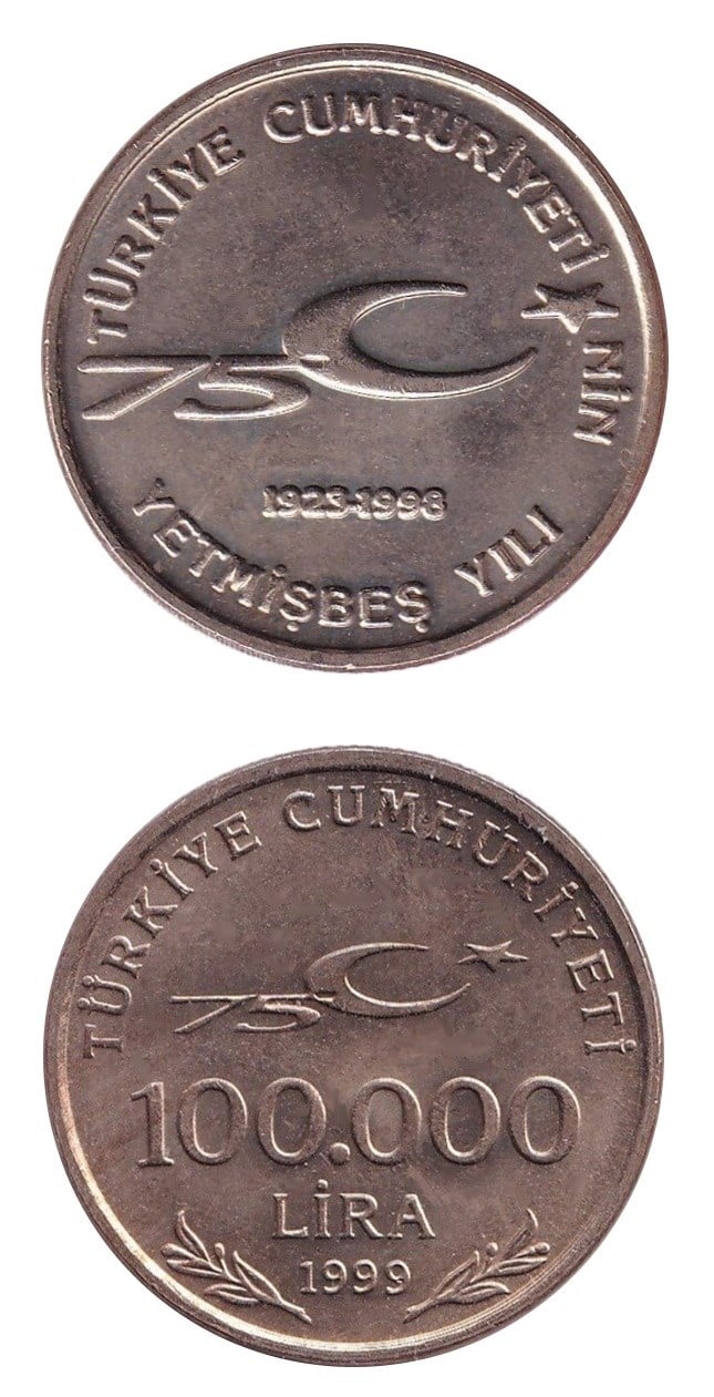 Madeni Hatıra Paralar100.000 Lira (1999) 1923-1998 75. Yıl ÇİL Eski Madeni Para Kiti