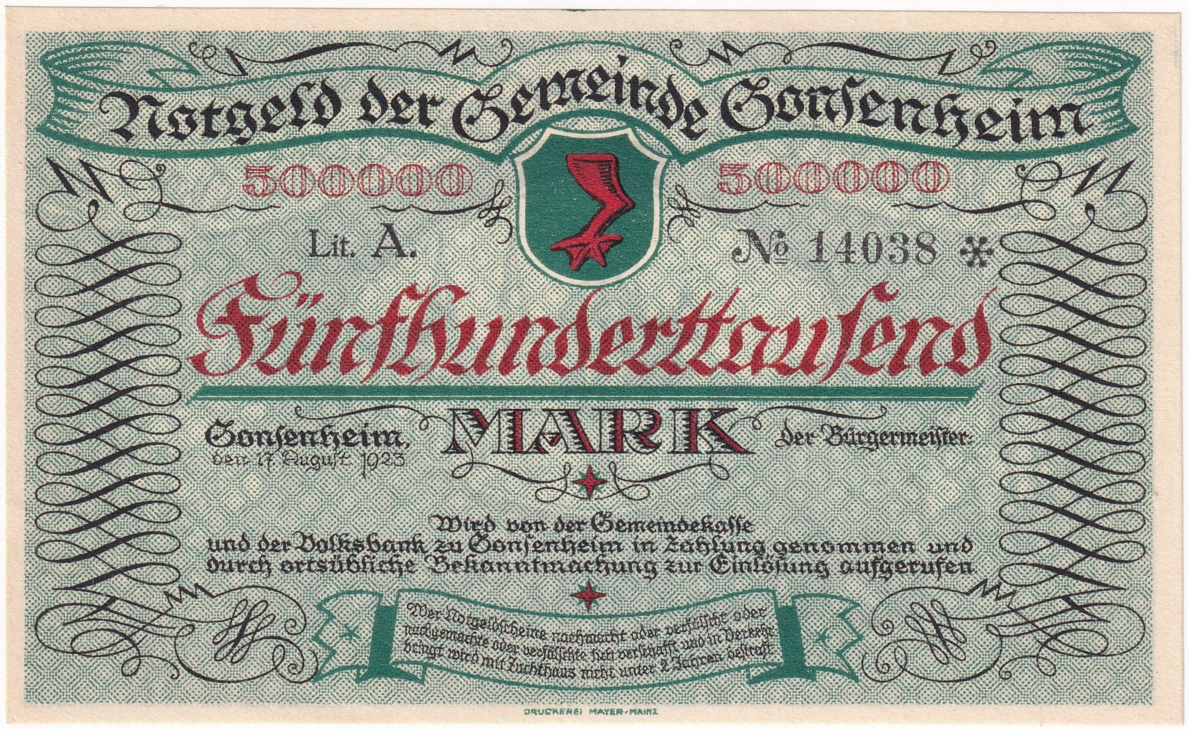 NotgeldAlmanya, Gonsenheim (Mainz), 500.000 Mark (1923) - Hiperenflasyon Notgeldi (ÇİL)