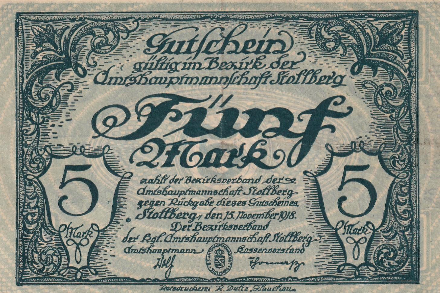 NotgeldAlmanya, Stollberg, 5 Mark (1918) ÇT/ÇÇT Notgeld 