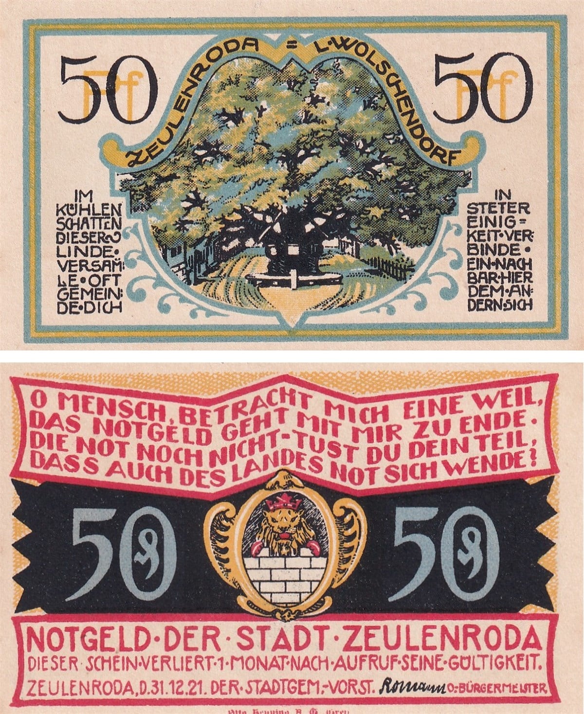 NotgeldAlmanya, Zeulenroda, 50 Pfennig (1921) Districts Series - Langenwolschendorf Notgeld