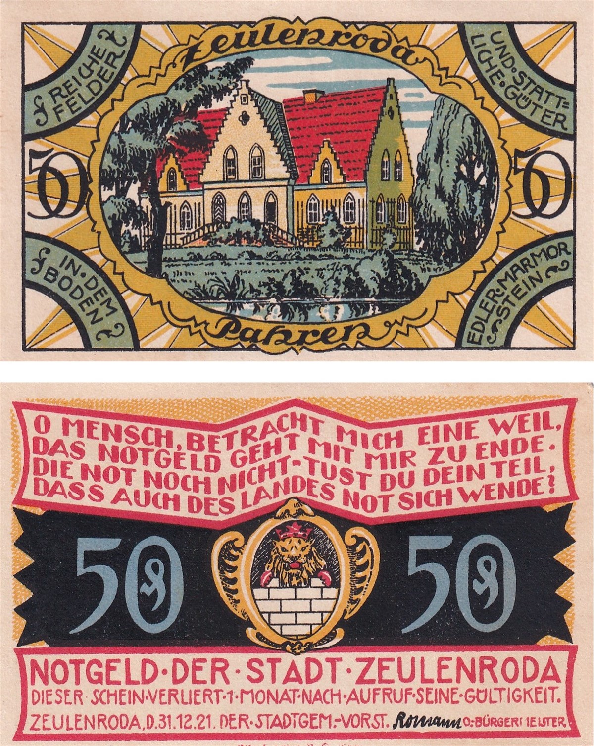 NotgeldAlmanya, Zeulenroda, 50 Pfennig (1921) Districts Series - Pahren Notgeld