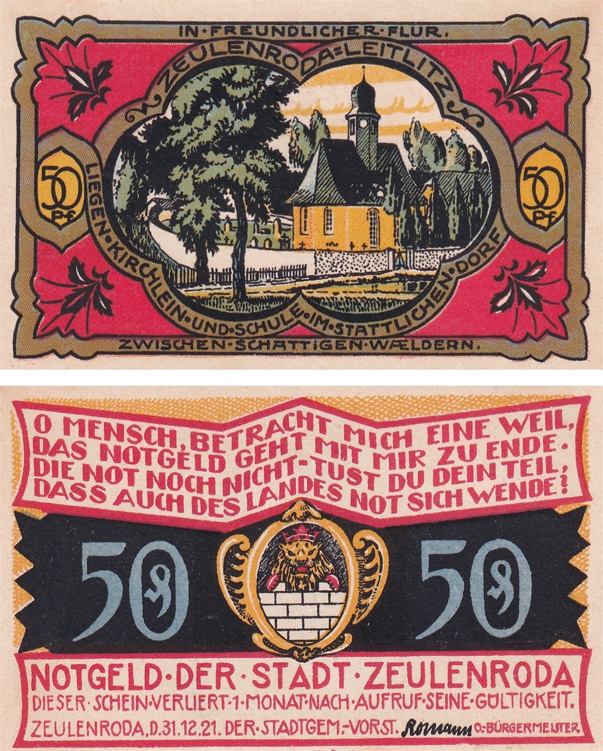 NotgeldAlmanya, Zeulenroda, 50 Pfennig (1921) Districts Series - Leitlitz Notgeld