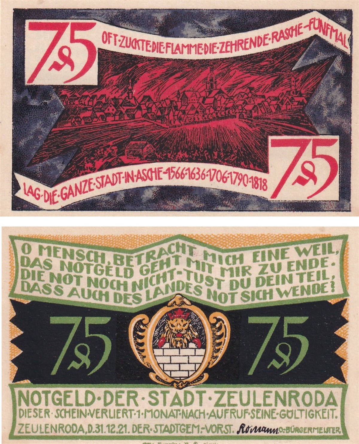 NotgeldAlmanya, Zeulenroda, 75 Pfennig (1921) History Series (4) Notgeld